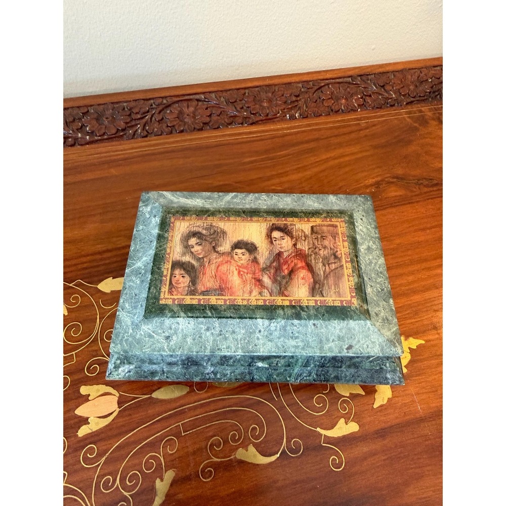 Vintage Edna Hibel Marble Jewelry Box - Signed Green Stone Trinket Box - Picture 1 of 15